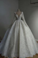 Amazing Long Princess A-line V-neck Lace Beaded Wedding Dress with Long Sleeves